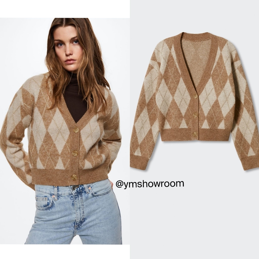MANGO Brown and Cream Argyle Cardigan NWT